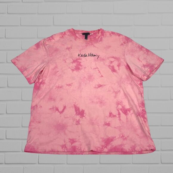 H&M x Keith Haring Mens T Shirt M Pink Relaxed Tie Dye Three Eyed Face Artist - Picture 2 of 9
